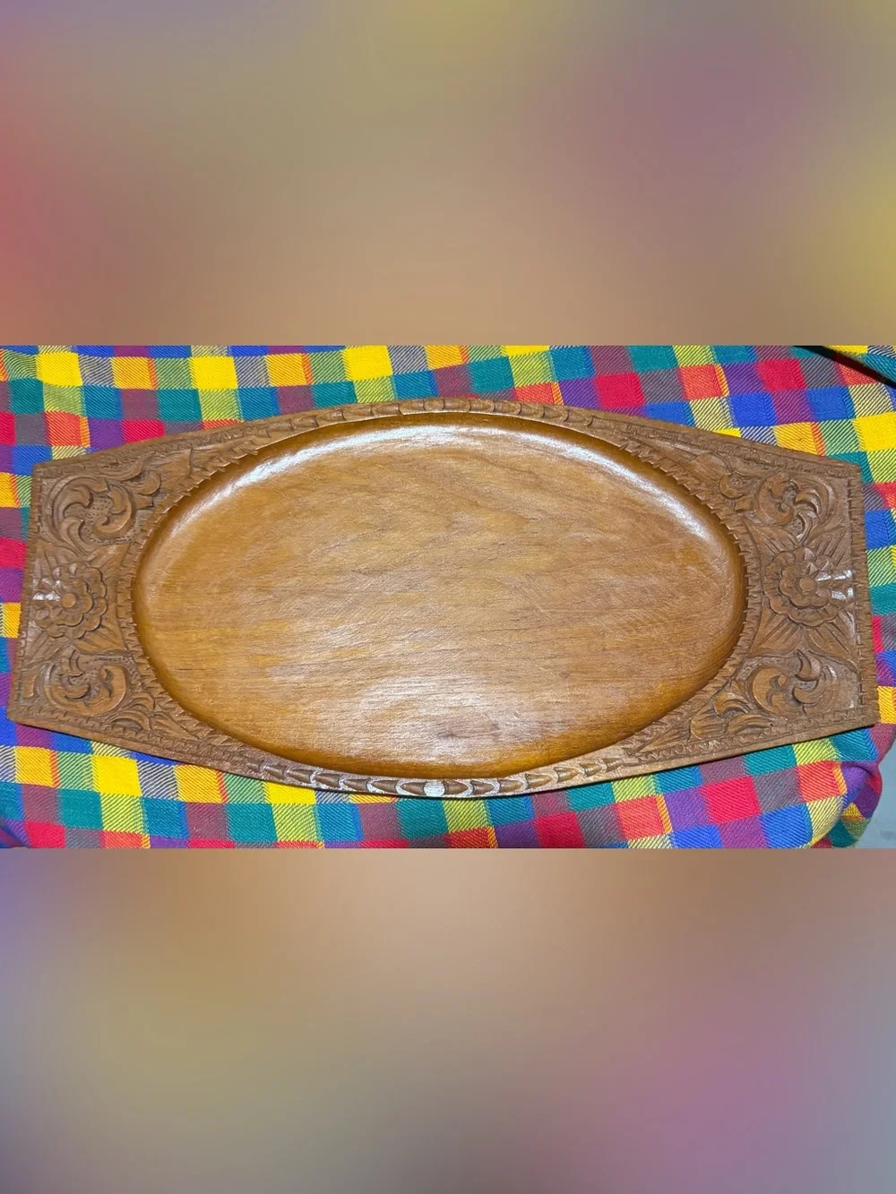 Vintage Ornate Wooden Serving Tray With Flowers
